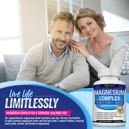 Magnesium Complex Supplement 8 Elemental 1000mg - Magnesium Glycinate, Citrate, Malate, Taurate, Chelated for Easy Absorption for Bones, Muscle, Recovery, Energy, Vegan Non-GMO 90 Capsules - Maple Wellness Supplements