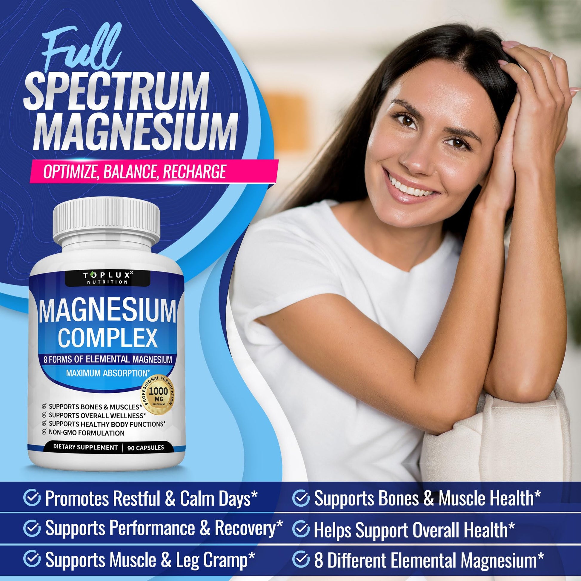Magnesium Complex Supplement 8 Elemental 1000mg - Magnesium Glycinate, Citrate, Malate, Taurate, Chelated for Easy Absorption for Bones, Muscle, Recovery, Energy, Vegan Non-GMO 90 Capsules - Maple Wellness Supplements