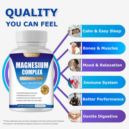 Magnesium Complex Supplement 8 Elemental 1000mg | Magnesium Supplement with Glycinate, Malate, Citrate | Sleep, Relaxation, Bone & Muscle | Vegan 90 Capsules - Maple Wellness Supplements