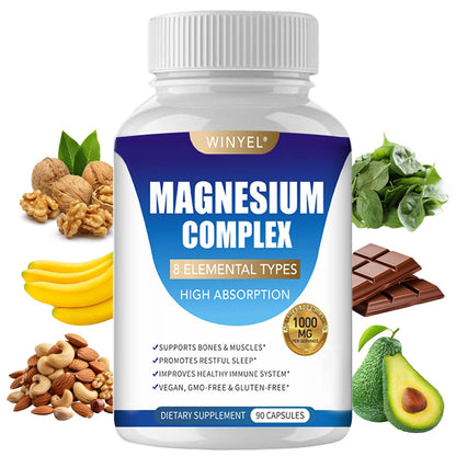 Magnesium Complex Supplement 8 Elemental 1000mg | Magnesium Supplement with Glycinate, Malate, Citrate | Sleep, Relaxation, Bone & Muscle | Vegan 90 Capsules - Maple Wellness Supplements