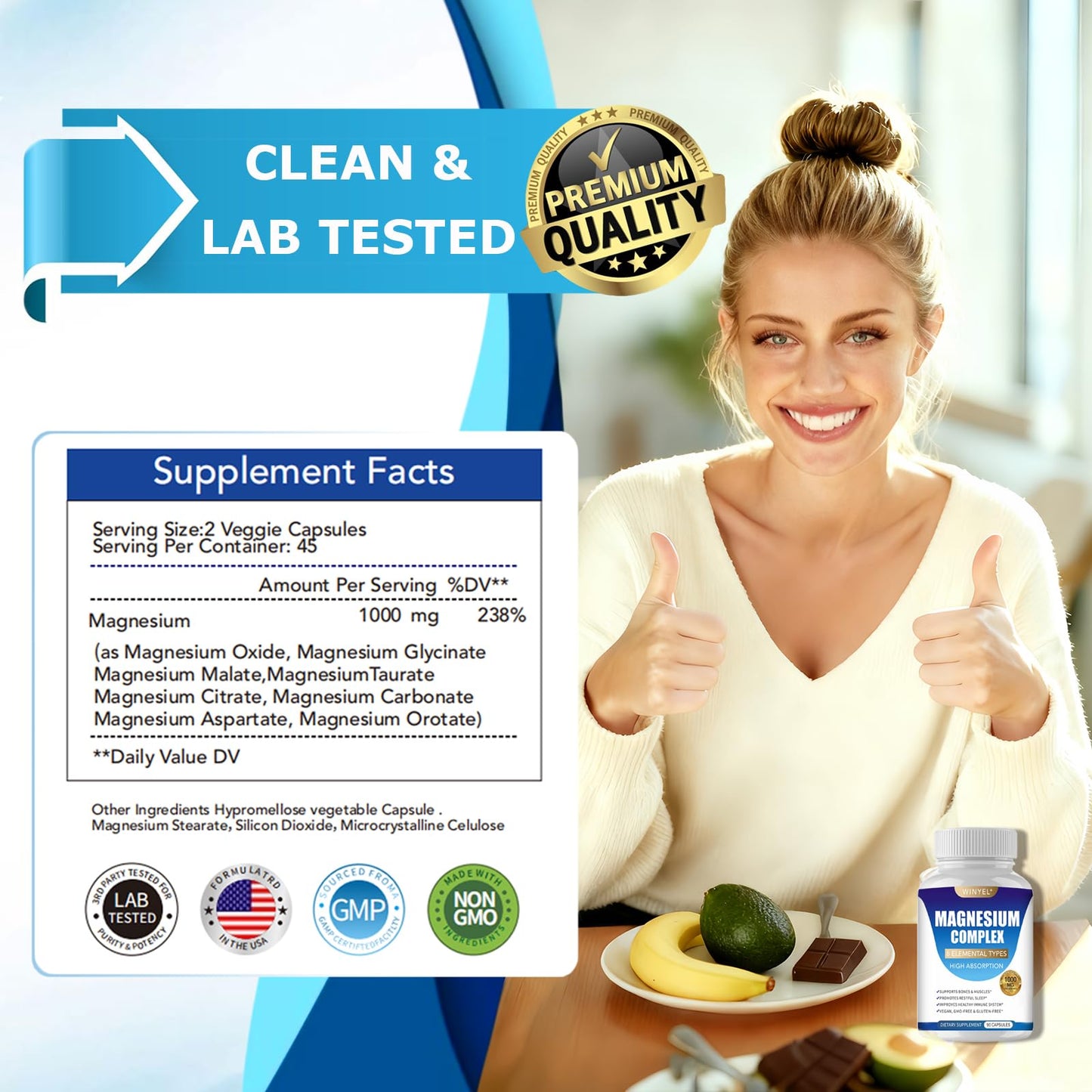 Magnesium Complex Supplement 8 Elemental 1000mg | Magnesium Supplement with Glycinate, Malate, Citrate | Sleep, Relaxation, Bone & Muscle | Vegan 90 Capsules - Maple Wellness Supplements