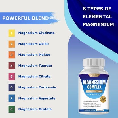 Magnesium Complex Supplement 8 Elemental 1000mg | Magnesium Supplement with Glycinate, Malate, Citrate | Sleep, Relaxation, Bone & Muscle | Vegan 90 Capsules - Maple Wellness Supplements