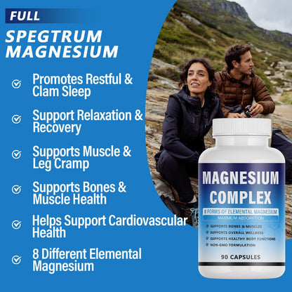 Magnesium Complex Supplement - 8 Elemental Magnesium 1000mg - Glycinate, Citrate, Malate, Taurate Chelated | Easy Absorption, Energy Support | Vegan Non-GMO, 90 Capsules (1pc) - Maple Wellness Supplements
