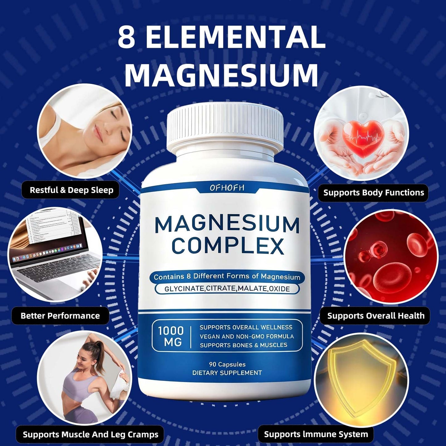 Magnesium Complex Supplement 8 Elemental - Magnesium Glycinate, Citrate, Malate, Oxide | Easy Absorption for Bones, Muscle, Energy, Vegan, Non-GMO 90 Capsules (1pc) - Maple Wellness Supplements