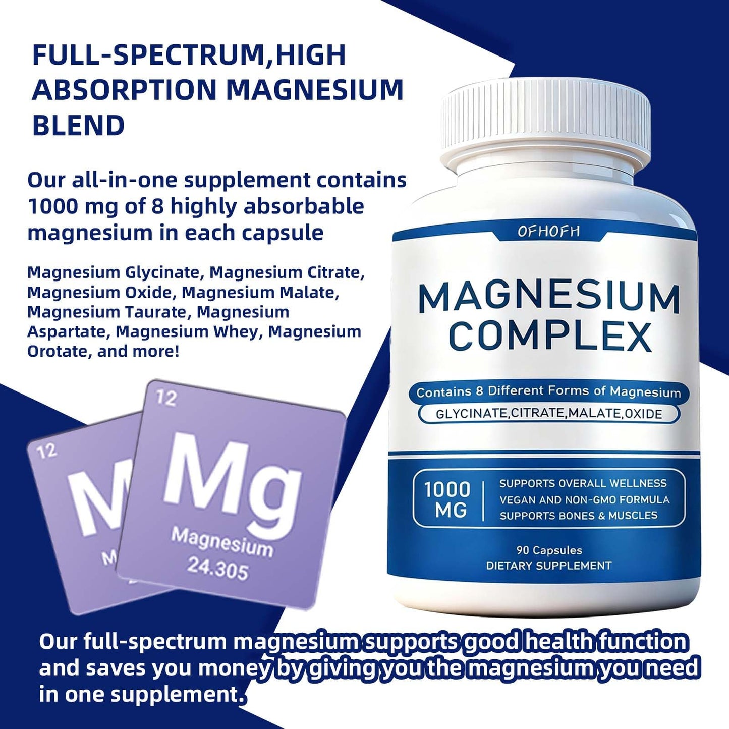 Magnesium Complex Supplement 8 Elemental - Magnesium Glycinate, Citrate, Malate, Oxide | Easy Absorption for Bones, Muscle, Energy, Vegan, Non-GMO 90 Capsules (1pc) - Maple Wellness Supplements