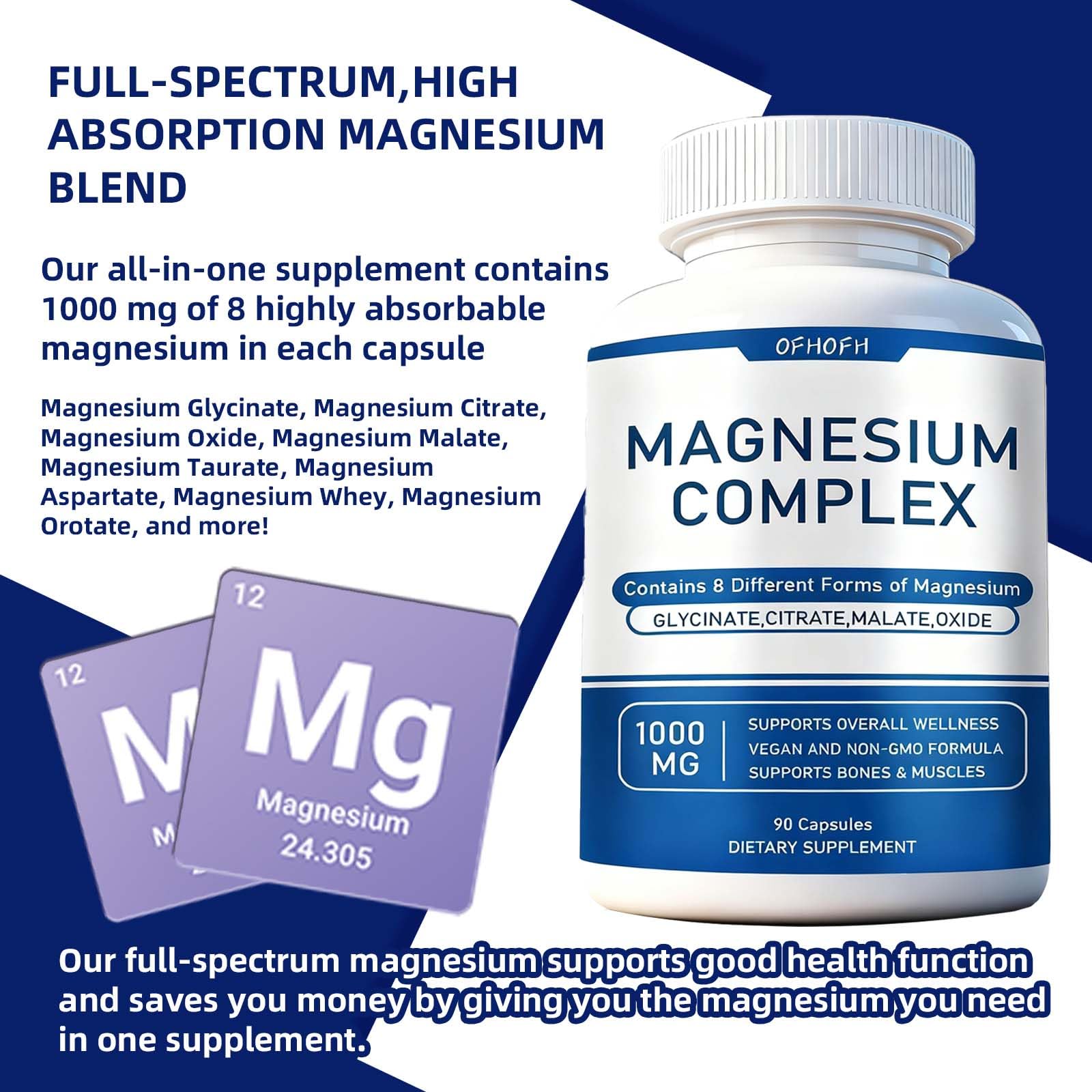 Magnesium Complex Supplement 8 Elemental - Magnesium Glycinate, Citrate, Malate, Oxide | Easy Absorption for Bones, Muscle, Energy, Vegan, Non-GMO 90 Capsules (1pc) - Maple Wellness Supplements
