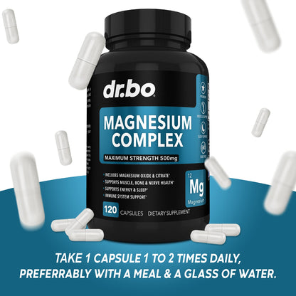 Magnesium Complex Supplement Capsules 500mg - Support Energy, Relaxation, Leg Cramps & Legs - Help Aid Muscle Support Supplements - High Absorption Premium Mag Citrate Oxide - 120 Capsules - Maple Wellness Supplements
