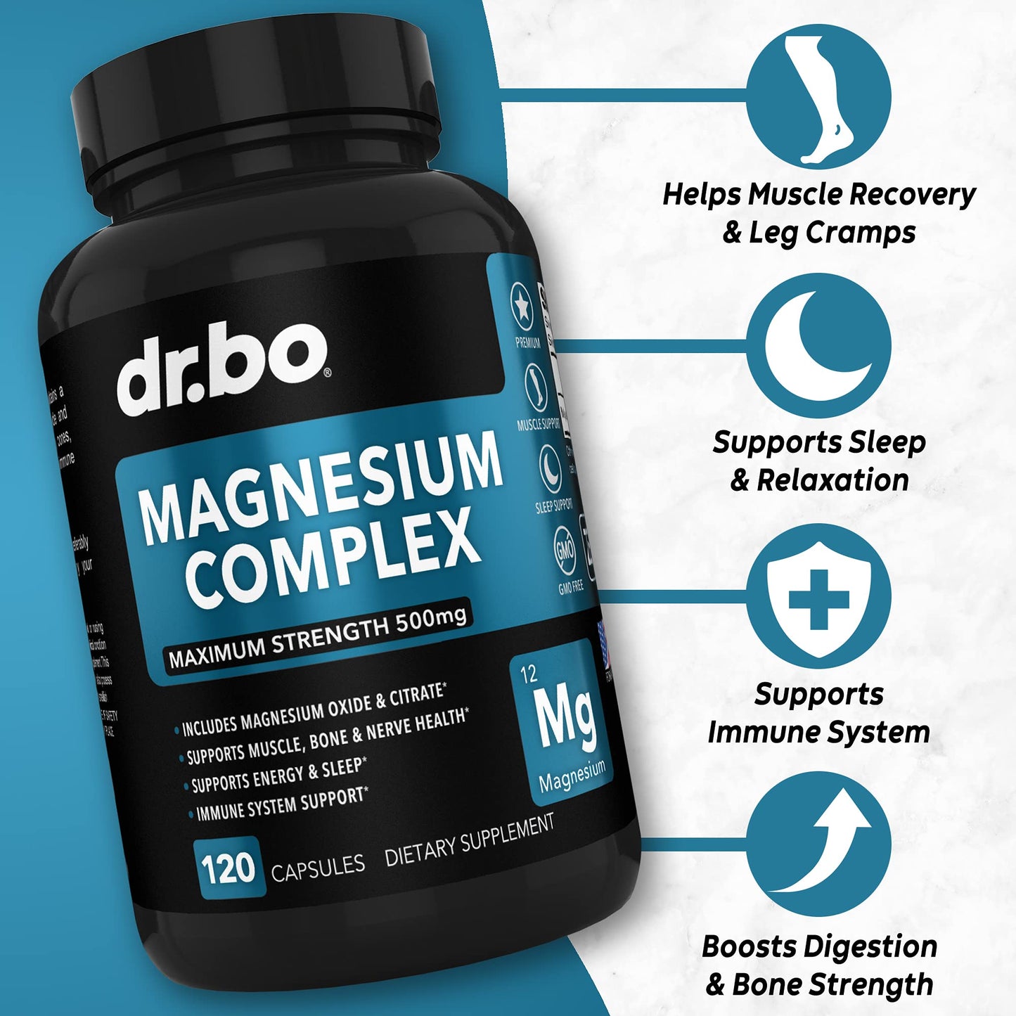 Magnesium Complex Supplement Capsules 500mg - Support Energy, Relaxation, Leg Cramps & Legs - Help Aid Muscle Support Supplements - High Absorption Premium Mag Citrate Oxide - 120 Capsules - Maple Wellness Supplements