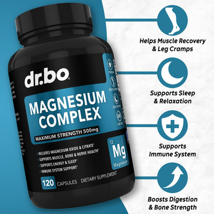 Magnesium Complex Supplement Capsules 500mg - Support Energy, Relaxation, Leg Cramps & Legs - Help Aid Muscle Support Supplements - High Absorption Premium Mag Citrate Oxide - 120 Capsules - Maple Wellness Supplements