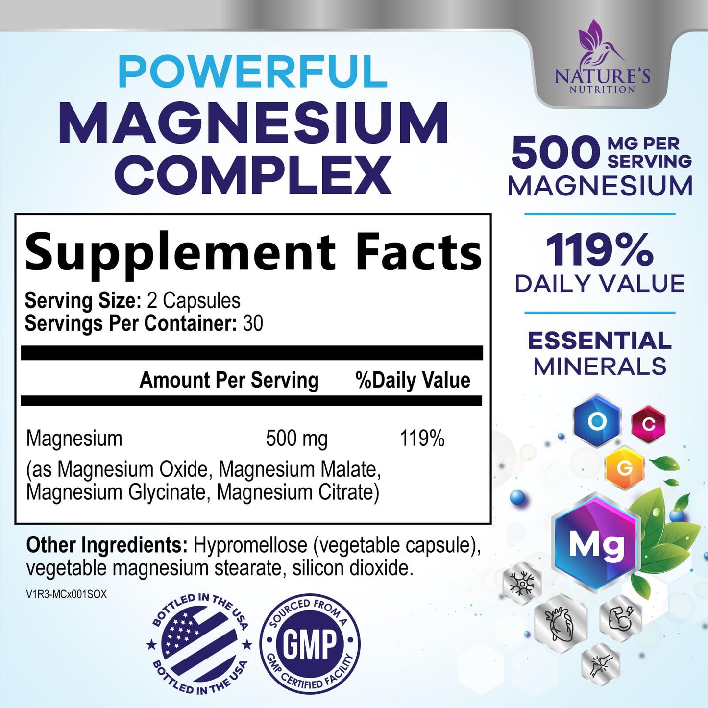 Magnesium Complex Supplement - Magnesium 500 mg Per Serving - 4 in 1 High Absorption Blend - 100% Chelated Magnesium Glycinate with Malate, Citrate & Oxide - Vegan Complex - USA Bottled - 60 Capsules - Maple Wellness Supplements