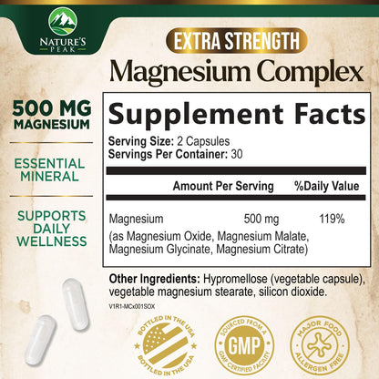 Magnesium Complex Supplement - Magnesium 500mg Per Serving - High Absorption Blend of Glycinate, Citrate, Malate, Oxide - Supports Sleep, Muscle, Bone, Heart Health - Bottled in USA - 60 Capsules - Maple Wellness Supplements