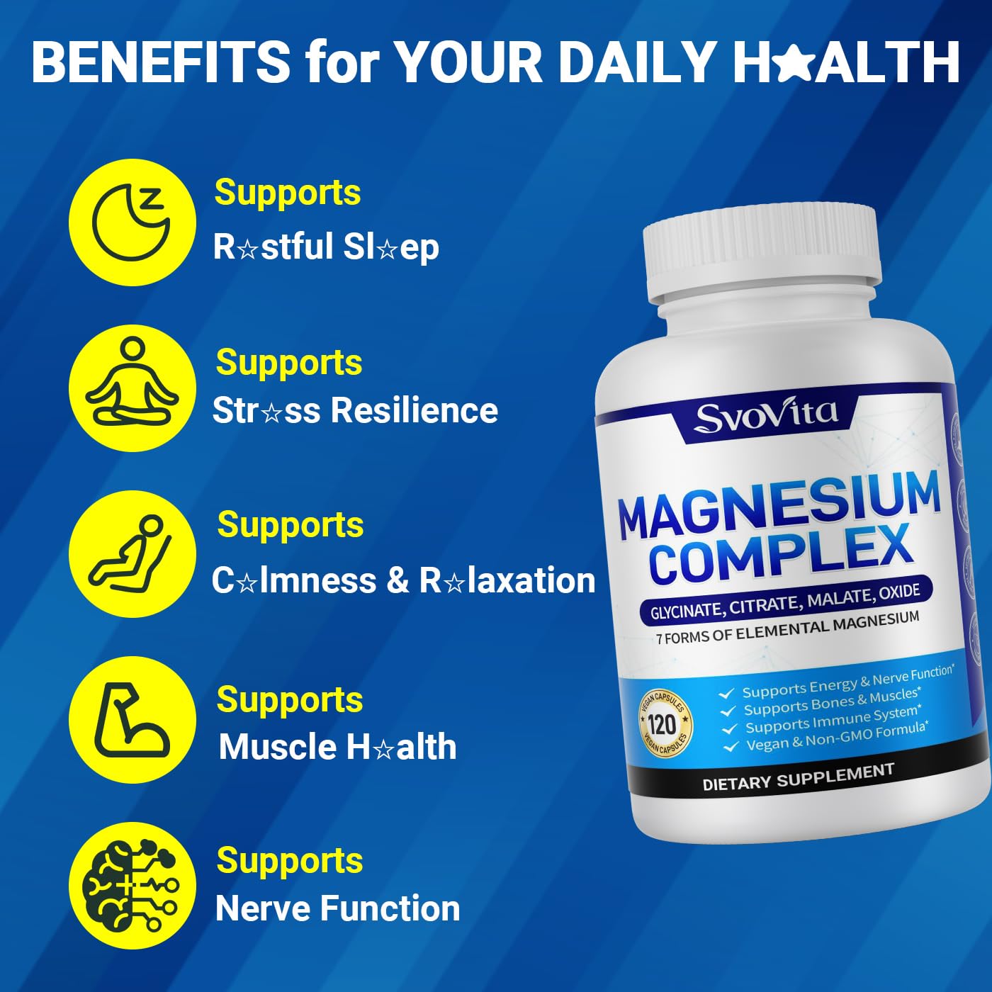 Magnesium Complex Supplement with 7 Forms of Magnesium Glycinate, Malate, Citrate & More, High Absorption for Bones, Muscle, Recovery, Energy, Vegan Non-GMO 120 Capsules - Maple Wellness Supplements