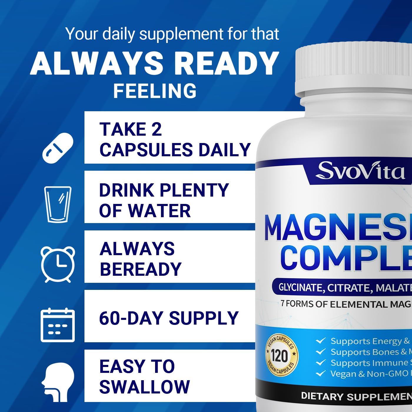 Magnesium Complex Supplement with 7 Forms of Magnesium Glycinate, Malate, Citrate & More, High Absorption for Bones, Muscle, Recovery, Energy, Vegan Non-GMO 120 Capsules - Maple Wellness Supplements