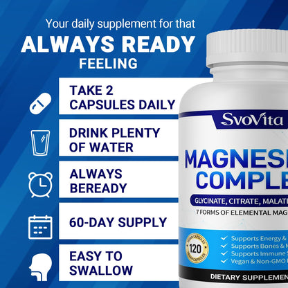 Magnesium Complex Supplement with 7 Forms of Magnesium Glycinate, Malate, Citrate & More, High Absorption for Bones, Muscle, Recovery, Energy, Vegan Non-GMO 120 Capsules - Maple Wellness Supplements