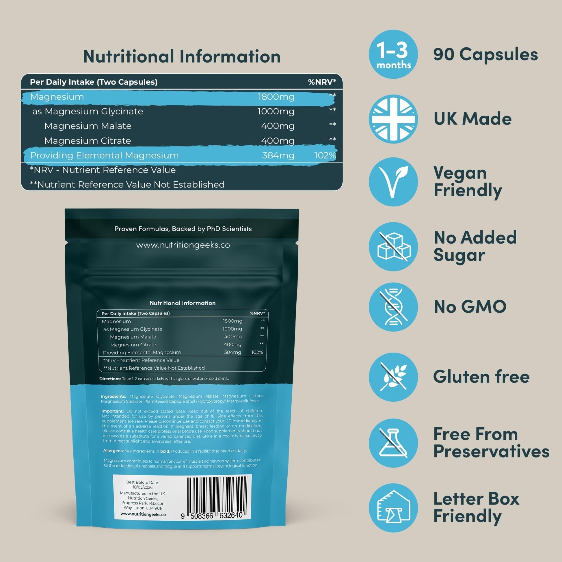 Magnesium Glycinate 3-in-1 Complex - 1800mg Supplements as Bisglycinate, Citrate - Maple Wellness Supplements