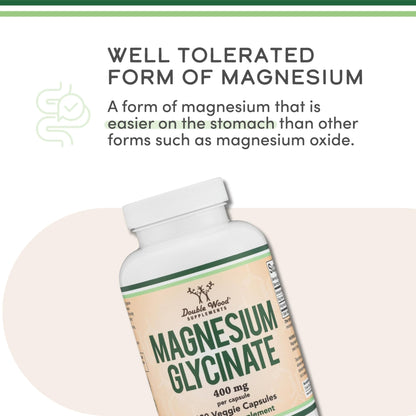 Magnesium Glycinate 400mg | 180 Capsules | Sleep, Muscle, & Heart Support | Vegan, Third Party Tested, Gluten Free, Non-GMO, by Double Wood Supplements - Maple Wellness Supplements