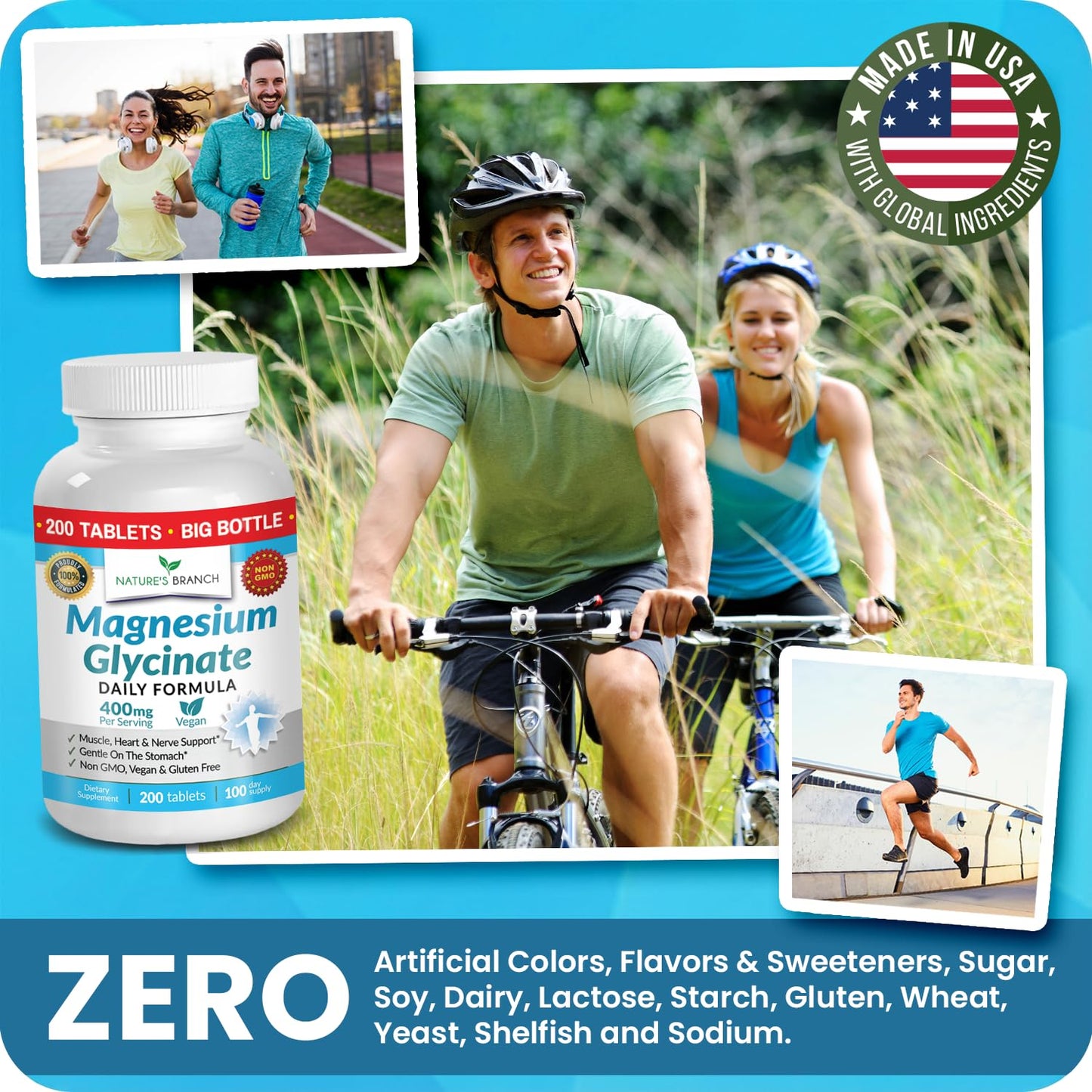 Magnesium Glycinate 400mg | 200 Tablets | High Absorption Mag Supplements for Sleep, Leg Cramps, Heart, Muscle, Calm | Non Buffered Bisglycinate, Extra Strength for Women and Men, Tablets Not Capsules - Maple Wellness Supplements