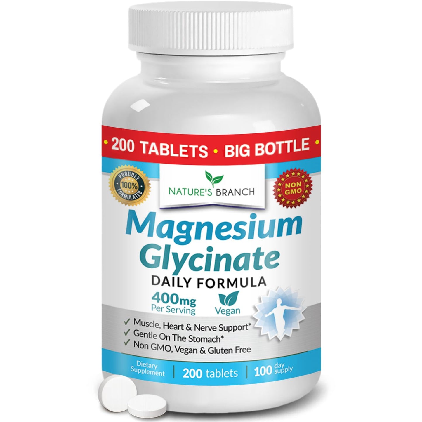 Magnesium Glycinate 400mg | 200 Tablets | High Absorption Mag Supplements for Sleep, Leg Cramps, Heart, Muscle, Calm | Non Buffered Bisglycinate, Extra Strength for Women and Men, Tablets Not Capsules - Maple Wellness Supplements
