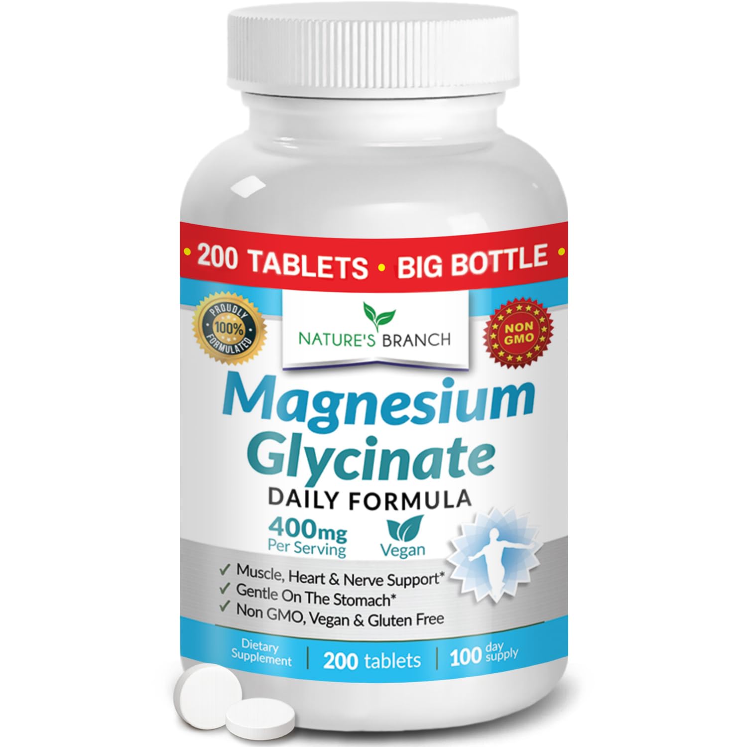 Magnesium Glycinate 400mg | 200 Tablets | High Absorption Mag Supplements for Sleep, Leg Cramps, Heart, Muscle, Calm | Non Buffered Bisglycinate, Extra Strength for Women and Men, Tablets Not Capsules - Maple Wellness Supplements