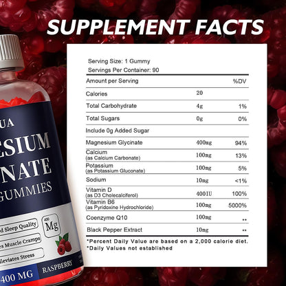 Magnesium Glycinate 400mg Gummies, Sugar Free Magnesium Gummies with Vitamins D, B6 for Sleep Support, - Maple Wellness Supplements