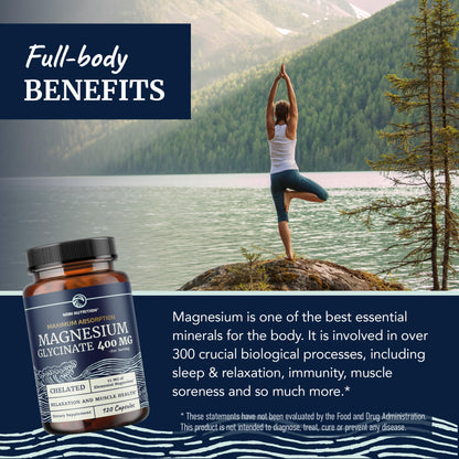 Magnesium Glycinate 400mg | High Absorption Formula for Sleep, Calm, Muscle Relaxation, Heart, Bone & Nerve Support for Women & Men | Chelated Magnesium Glycinate Supplement | 120 Ct (2 Month Supply) - Maple Wellness Supplements