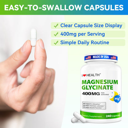 Magnesium Glycinate 400mg per Capsule – 240 Capsules – High Absorption Magnesium Supplement for Relaxation, Calmness & Muscle Support – Gentle on Stomach - Maple Wellness Supplements