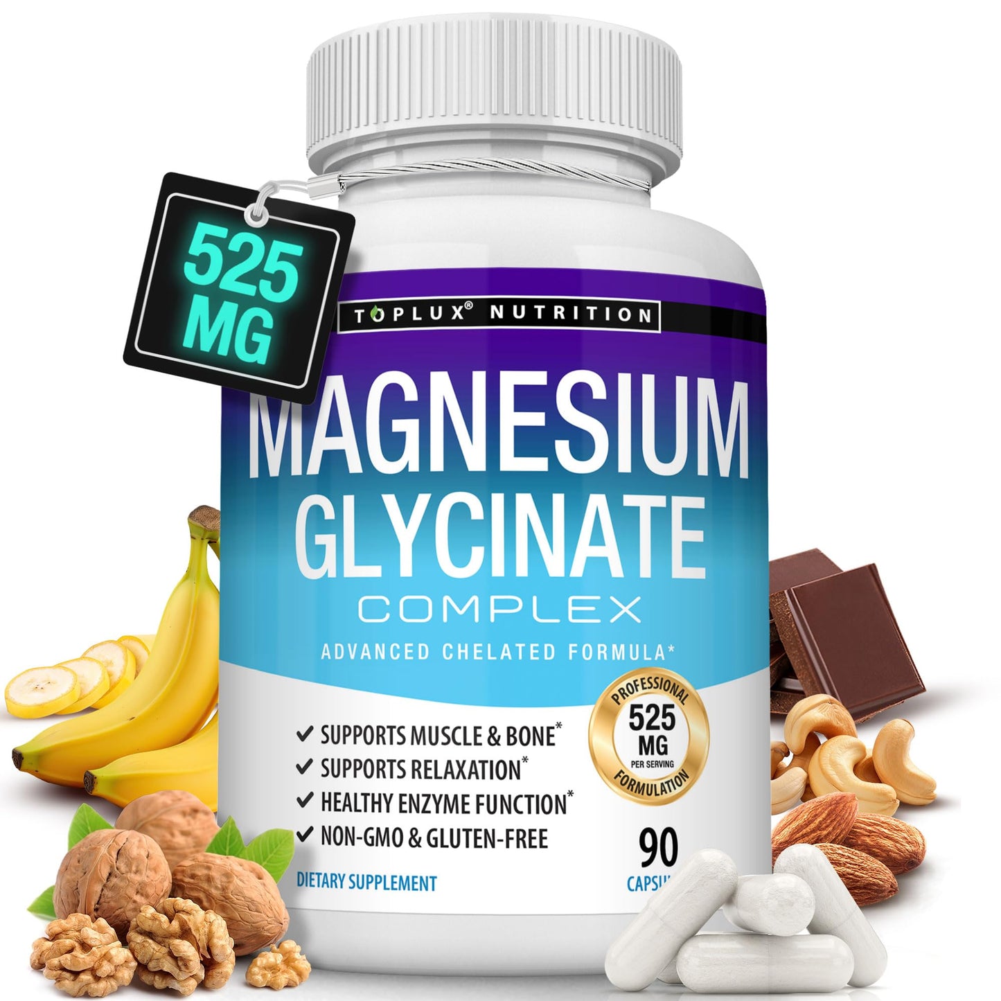 Magnesium Glycinate 525mg - High Absorption Chelated Magnesium Supplement Made with Pure Magnesium Glycinate - Supports Muscles, Sleep, Cramps, Recovery Bisglycinate - Maple Wellness Supplements
