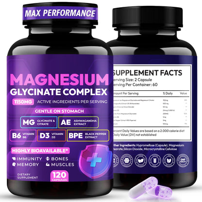 Magnesium Glycinate Complex 1150mg - Gentle on Stomach High Absorption Magnesium Capsules with Citrate, Silica, Ashwagandha & Vitamin B6 for Zzz, Stress Relief, Muscle Support for Adults, Women & Men - Maple Wellness Supplements