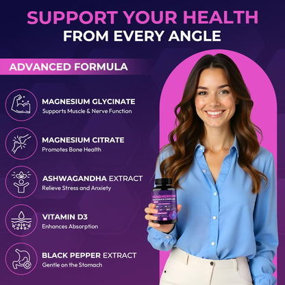 Magnesium Glycinate Complex 1150mg - Gentle on Stomach High Absorption Magnesium Capsules with Citrate, Silica, Ashwagandha & Vitamin B6 for Zzz, Stress Relief, Muscle Support for Adults, Women & Men - Maple Wellness Supplements