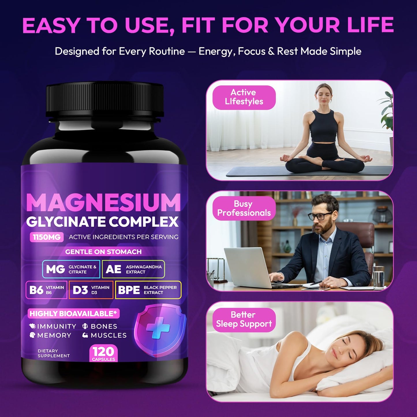 Magnesium Glycinate Complex 1150mg - Gentle on Stomach High Absorption Magnesium Capsules with Citrate, Silica, Ashwagandha & Vitamin B6 for Zzz, Stress Relief, Muscle Support for Adults, Women & Men - Maple Wellness Supplements