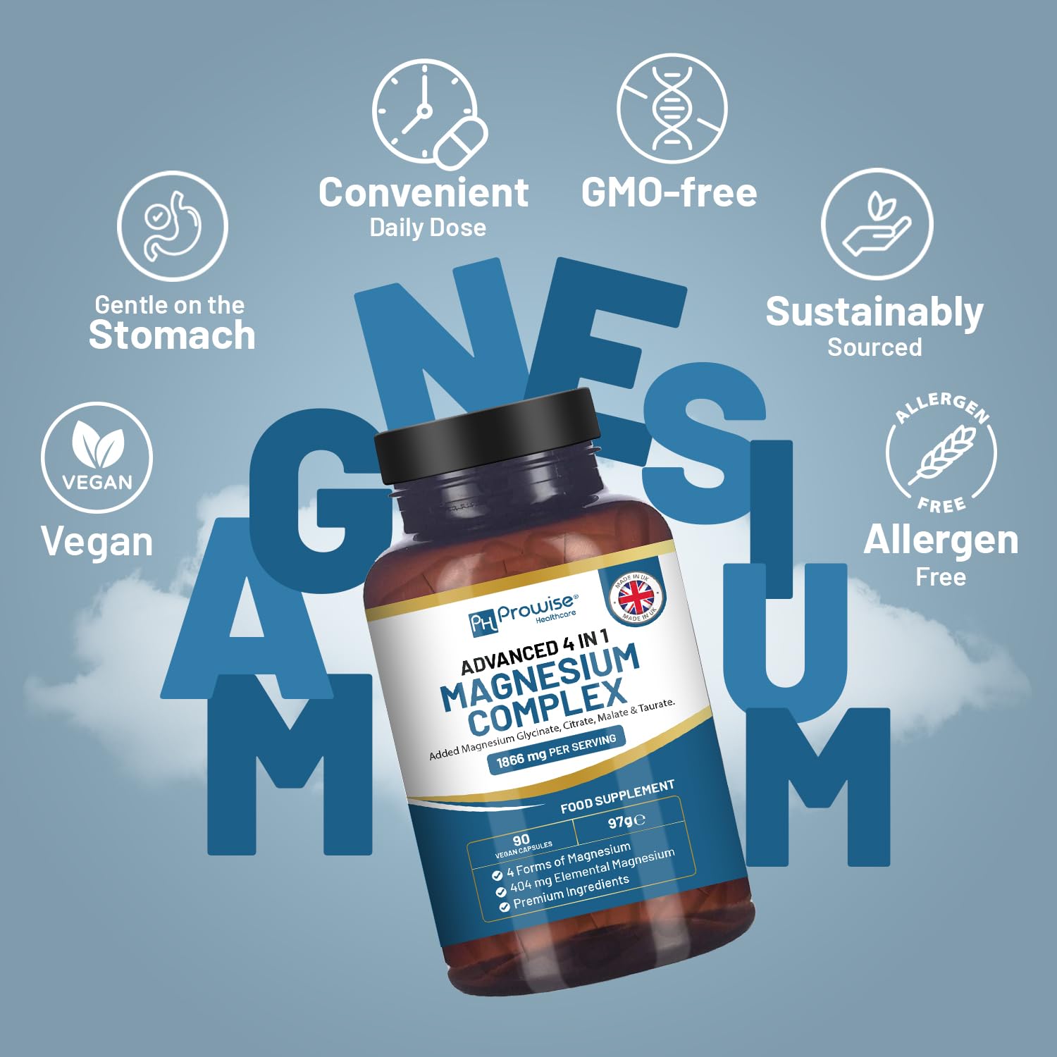 Magnesium Glycinate Complex 4 in 1-1866mg per Serving | Precise 404mg Elemental Magnesium dose | Added Magnesium Glycinate, Citrate, Malate & Taurate | 90 Vegan Capsules - by Prowise - Maple Wellness Supplements