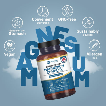 Magnesium Glycinate Complex 4 in 1-1866mg per Serving | Precise 404mg Elemental Magnesium dose | Added Magnesium Glycinate, Citrate, Malate & Taurate | 90 Vegan Capsules - by Prowise - Maple Wellness Supplements