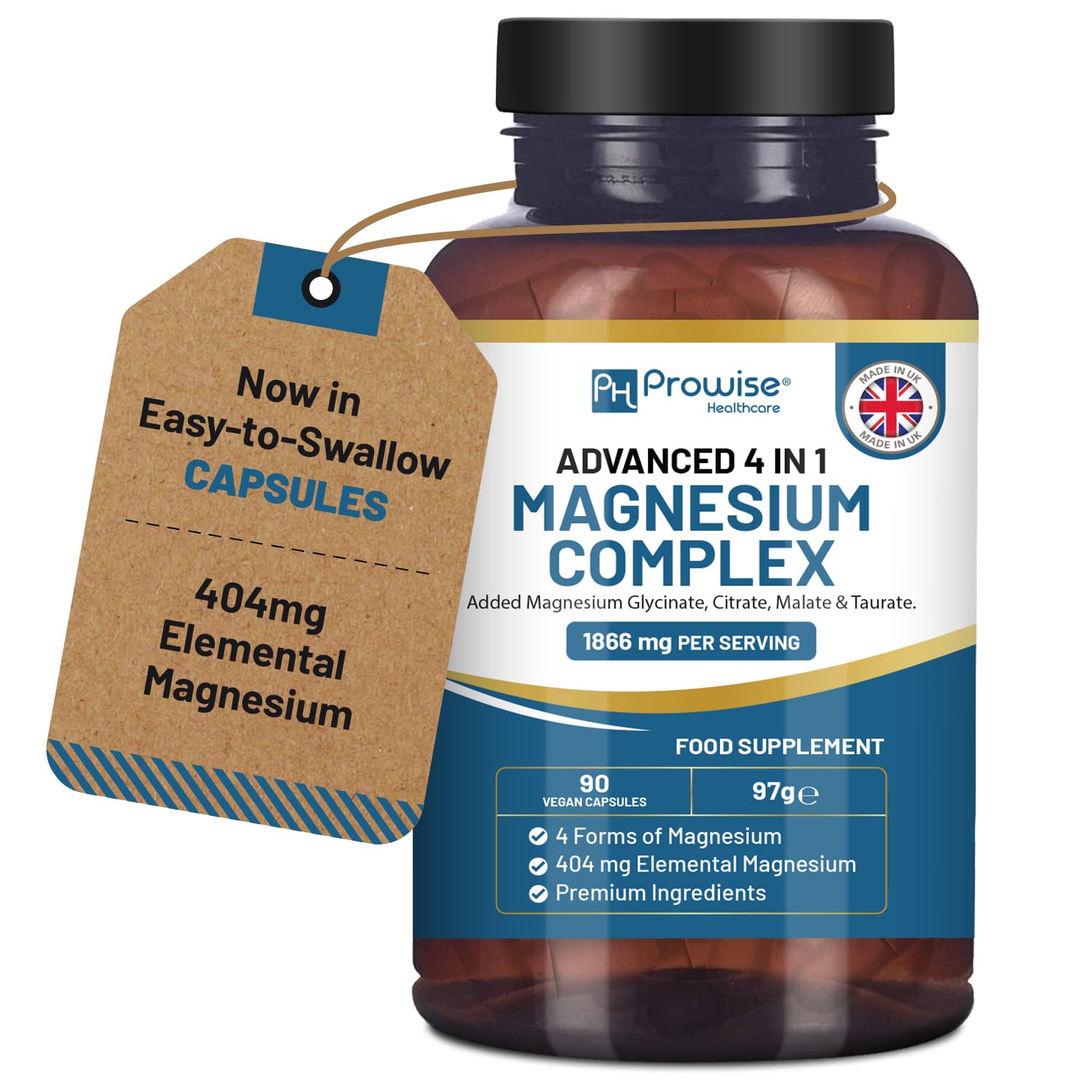 Magnesium Glycinate Complex 4 in 1-1866mg per Serving | Precise 404mg Elemental Magnesium dose | Added Magnesium Glycinate, Citrate, Malate & Taurate | 90 Vegan Capsules - by Prowise - Maple Wellness Supplements