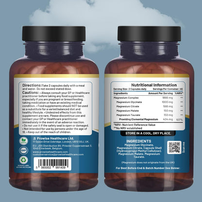 Magnesium Glycinate Complex 4 in 1-1866mg per Serving | Precise 404mg Elemental Magnesium dose | Added Magnesium Glycinate, Citrate, Malate & Taurate | 90 Vegan Capsules - by Prowise - Maple Wellness Supplements