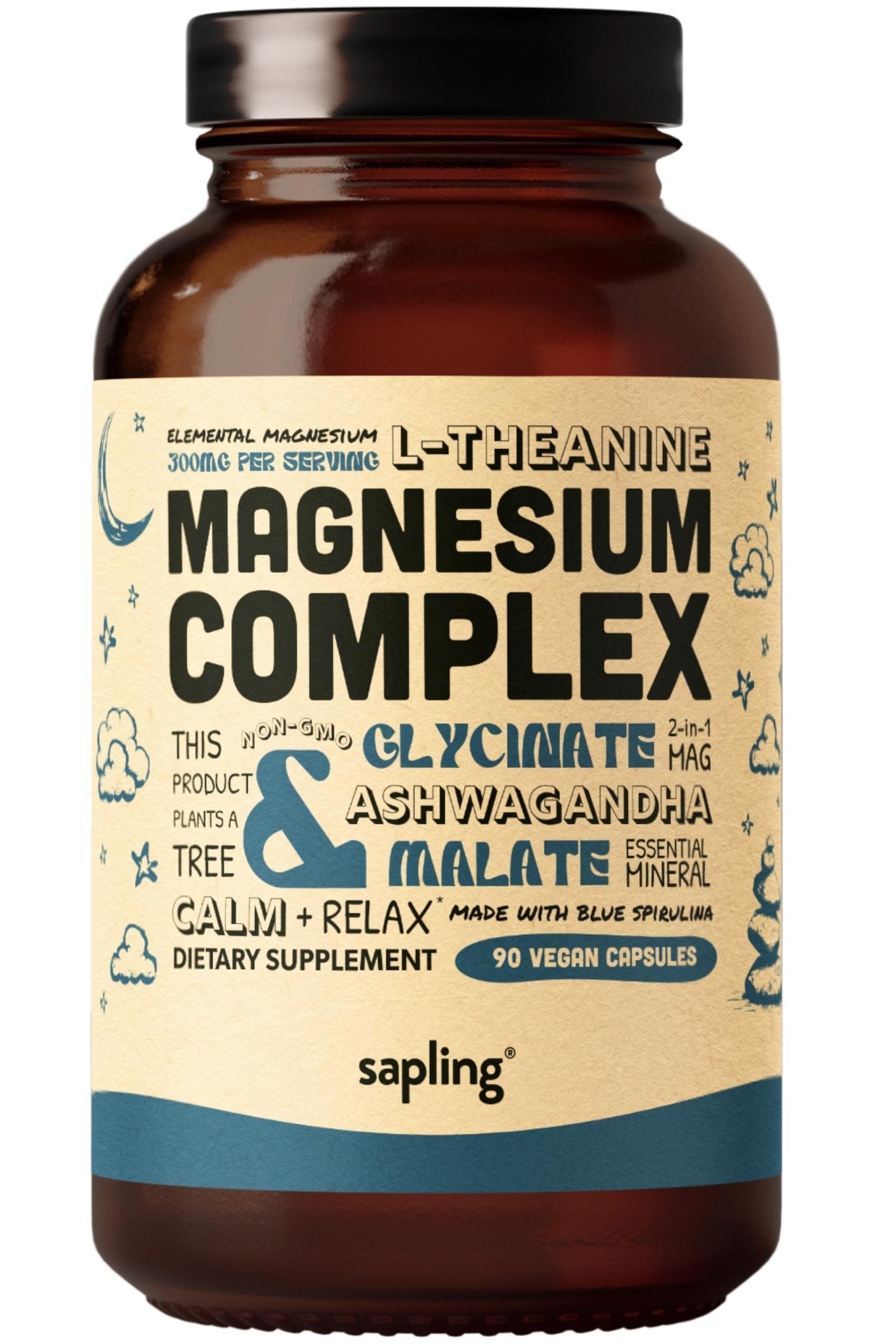 Magnesium Glycinate Complex Supplement - Chelated Magnesium Glycinate with Malate, Organic Ashwagandha, L-theanine & Blue Spirulina - High Absorption, Vegan, Non-GMO, 300mg, 90 Veggie Caps - Maple Wellness Supplements