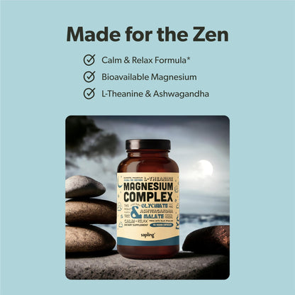 Magnesium Glycinate Complex Supplement - Chelated Magnesium Glycinate with Malate, Organic Ashwagandha, L-theanine & Blue Spirulina - High Absorption, Vegan, Non-GMO, 300mg, 90 Veggie Caps - Maple Wellness Supplements