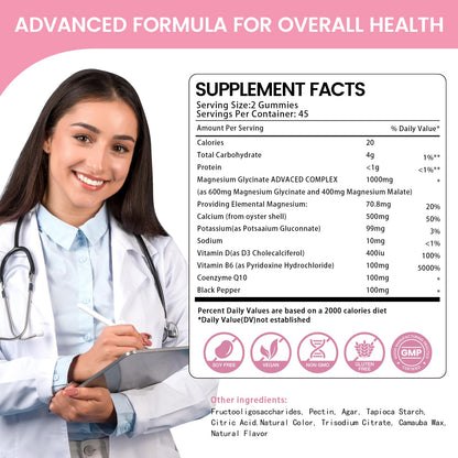 Magnesium Glycinate Gummies 1000mg, High Absorption Sugar Free Magnesium Potassium Supplement for Relaxation - Maple Wellness Supplements