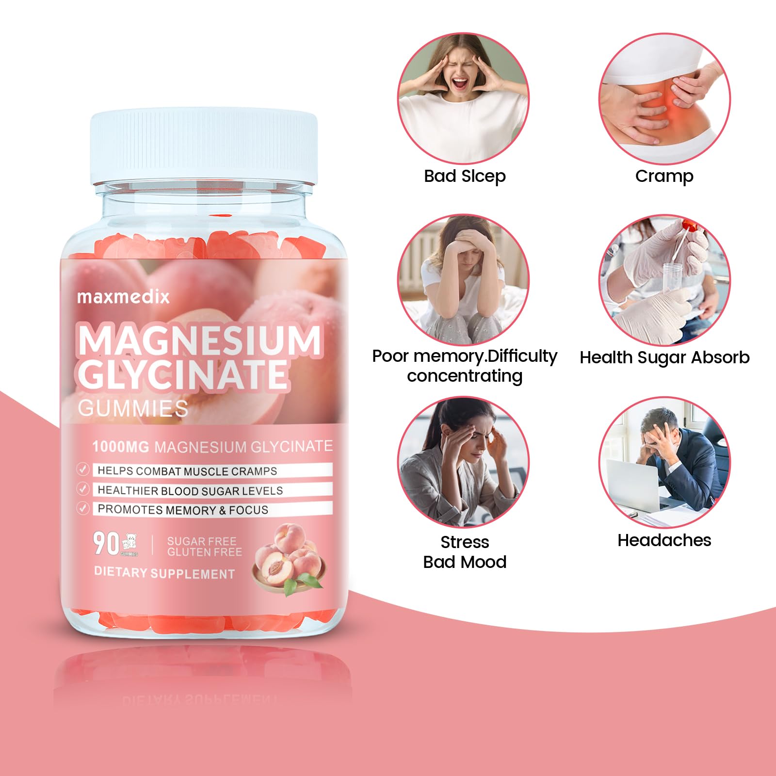 Magnesium Glycinate Gummies 1000mg, Sugar Free Magnesium Potassium Supplements Chewable for Adults with L-Threonate for Sleep - Maple Wellness Supplements
