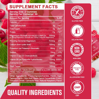 Magnesium Glycinate Gummies 400 mg with 100 mg Composite magnesium - Chelated Magnesium Potassium Supplement with Vitamin D, B6 Supports Calm, Sleep, Memory & Muscle - Maple Wellness Supplements