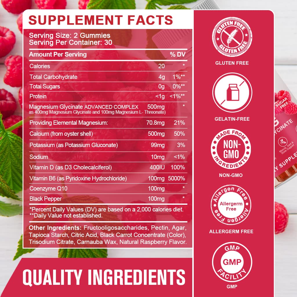 Magnesium Glycinate Gummies 400 mg with 100 mg Composite magnesium - Chelated Magnesium Potassium Supplement with Vitamin D, B6 Supports Calm, Sleep, Memory & Muscle Cramps,Sugar Free - 120 Gummies - Maple Wellness Supplements