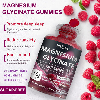 Magnesium Glycinate Gummies 400mg, Chewable Sugar Free Magnesium Supplement with Magnesium Glycinate, Magnesium Malate and Protein for Sleep, Relaxation, Brain & Muscle - Vegan (60 Count, Raspberry) - Maple Wellness Supplements