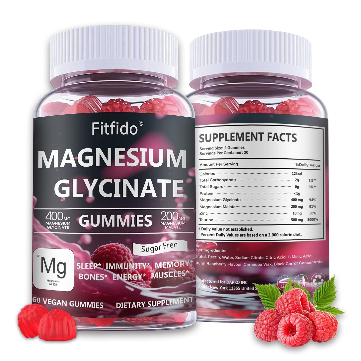 Magnesium Glycinate Gummies 400mg, Chewable Sugar Free Magnesium Supplement with Magnesium Glycinate, Magnesium Malate and Protein for Sleep, Relaxation, Brain & Muscle - Vegan (60 Count, Raspberry) - Maple Wellness Supplements