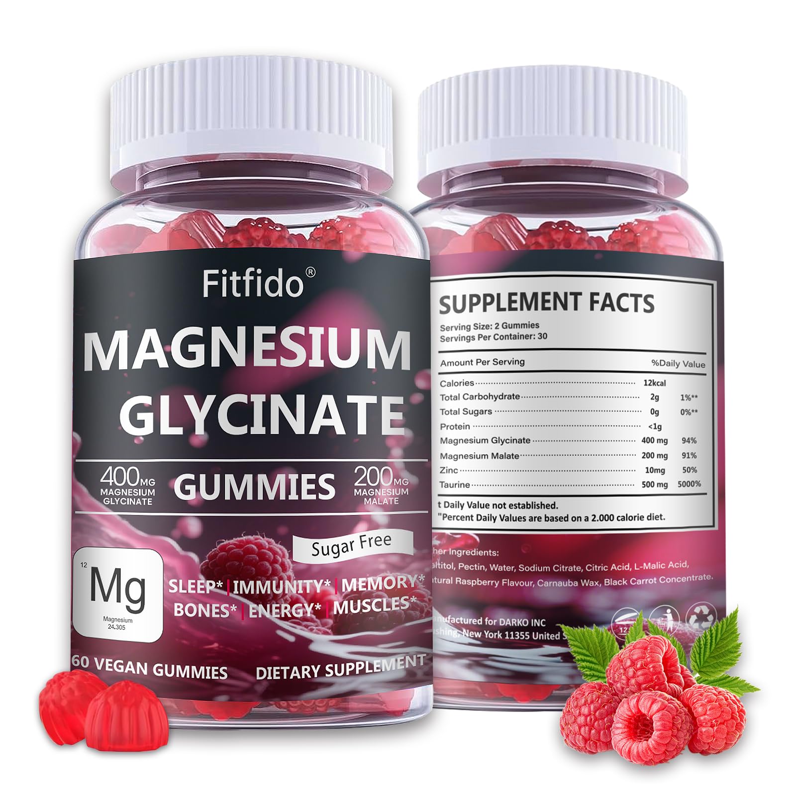 Magnesium Glycinate Gummies 400mg, Chewable Sugar Free Magnesium Supplement with Magnesium Glycinate, Magnesium Malate and Protein for Sleep, Relaxation, Brain & Muscle - Vegan (60 Count, Raspberry) - Maple Wellness Supplements