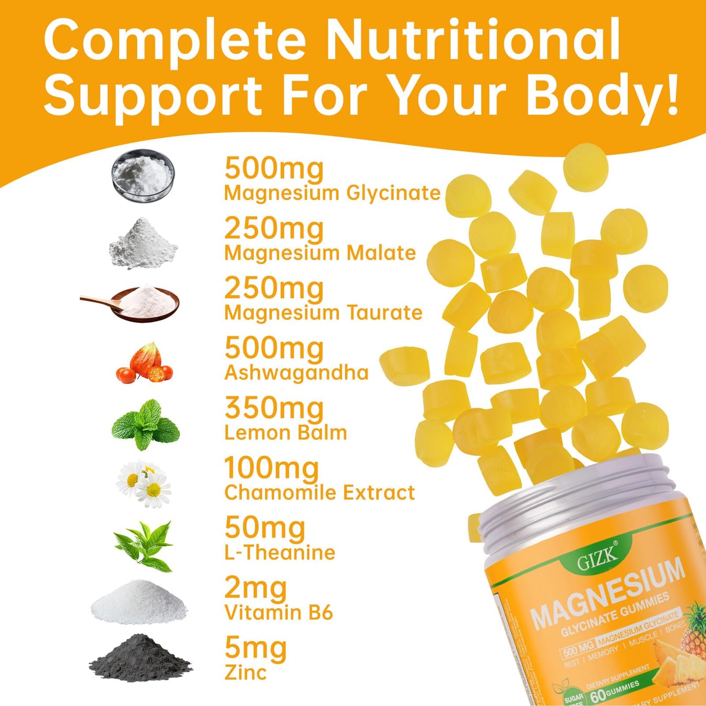 Magnesium Glycinate Gummies 500mg – Sugar Free Magnesium Gummies for Sleep, Stress, Muscle & Nerve Support – for Adults & Kids 4+, Vegan, - Maple Wellness Supplements