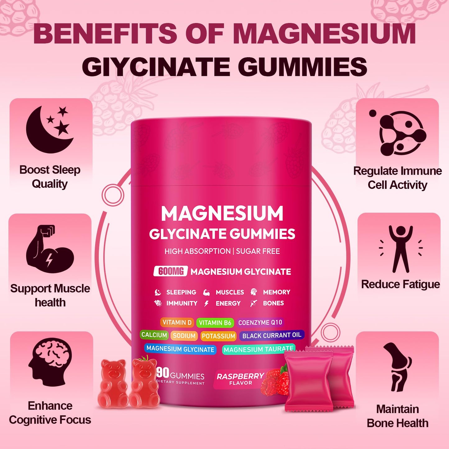 Magnesium Glycinate Gummies 600mg, High Absorption Magnesium Complex, Sugar Free Chewables Gummies with VitaminD & B6 - Maple Wellness Supplements