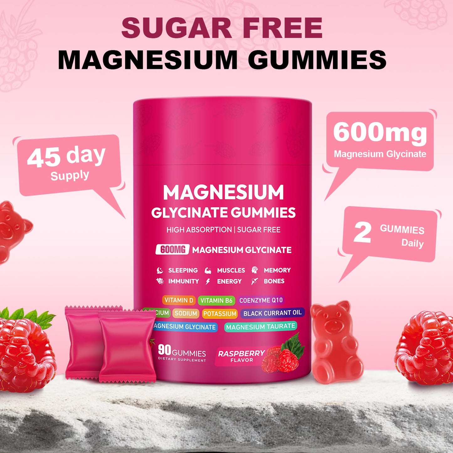 Magnesium Glycinate Gummies 600mg, High Absorption Magnesium Complex, Sugar Free Chewables Gummies with VitaminD & B6 - Maple Wellness Supplements