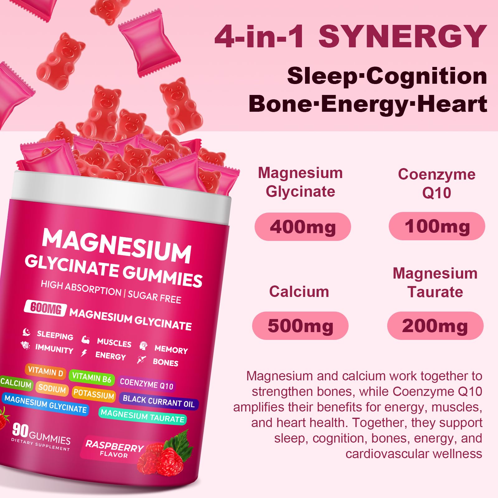 Magnesium Glycinate Gummies 600mg, High Absorption Magnesium Complex, Sugar Free Chewables Gummies with VitaminD & B6 - Maple Wellness Supplements