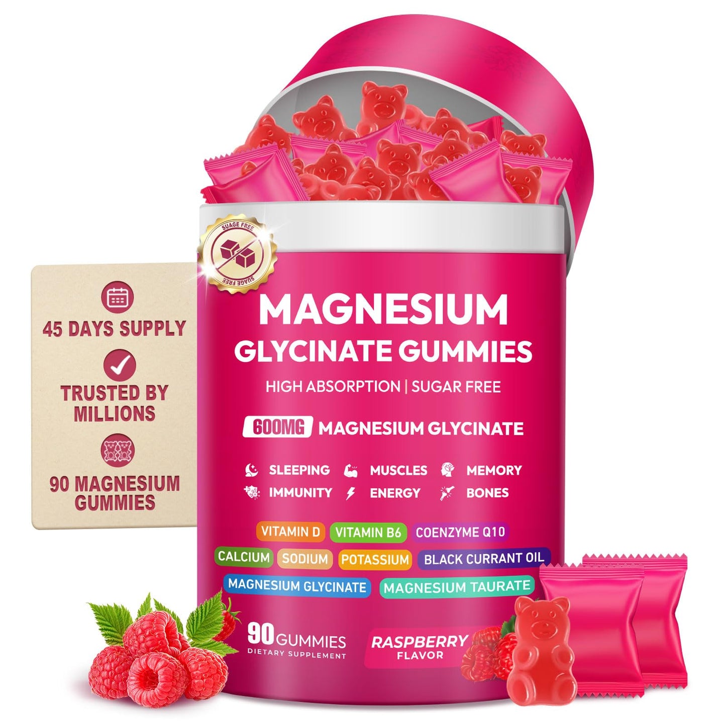 Magnesium Glycinate Gummies 600mg, High Absorption Magnesium Complex, Sugar Free Chewables Gummies with VitaminD & B6 - Maple Wellness Supplements