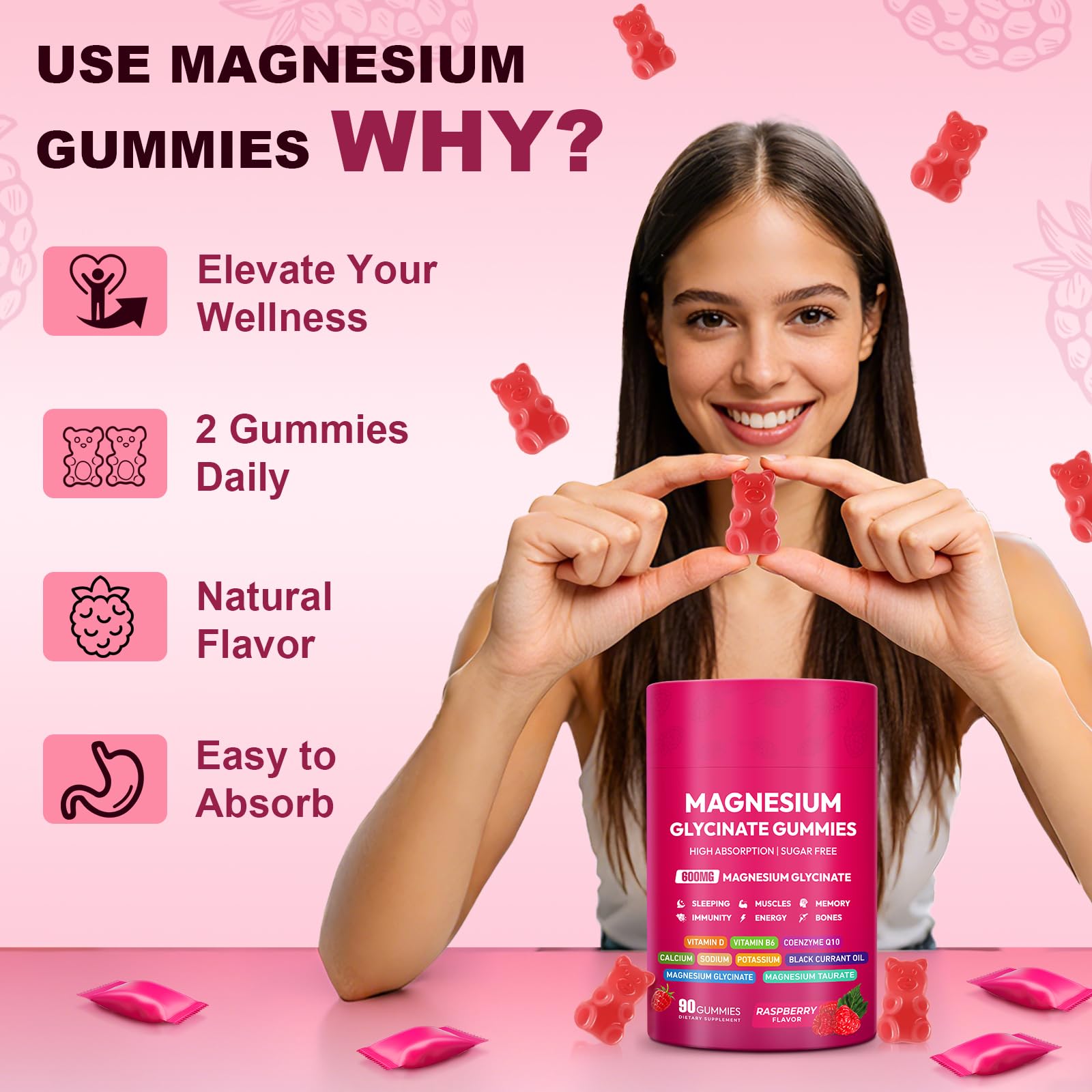 Magnesium Glycinate Gummies 600mg, High Absorption Magnesium Complex, Sugar Free Chewables Gummies with VitaminD & B6 - Maple Wellness Supplements