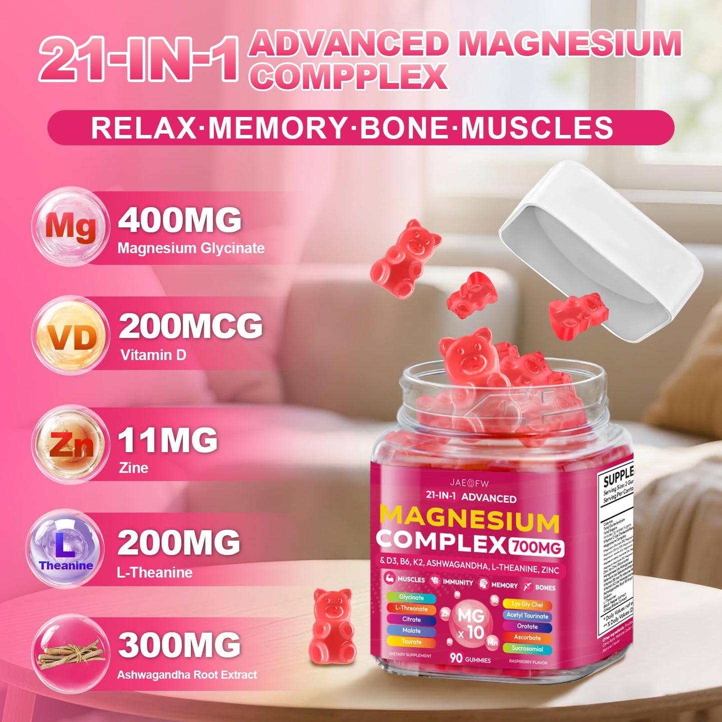 Magnesium Glycinate Gummies 700MG - 21-in-1 Advanced Magnesium Supplement with Ashwagandha, L-Theanine, Zinc, Vitamin - Sugar Free Magnesium Gummies for zzZ - Maple Wellness Supplements